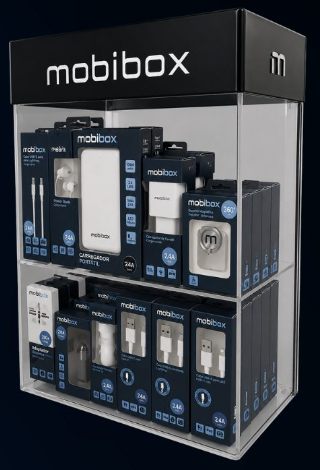 Expositor Mobibox com carregadores, cabos e acessórios Multi